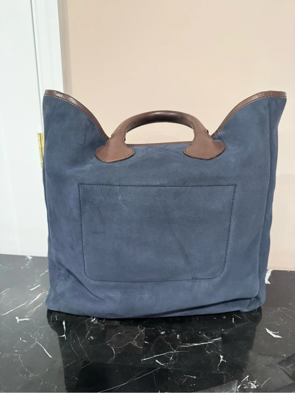 Navy Suede Tote Bag with Brown Leather Trim